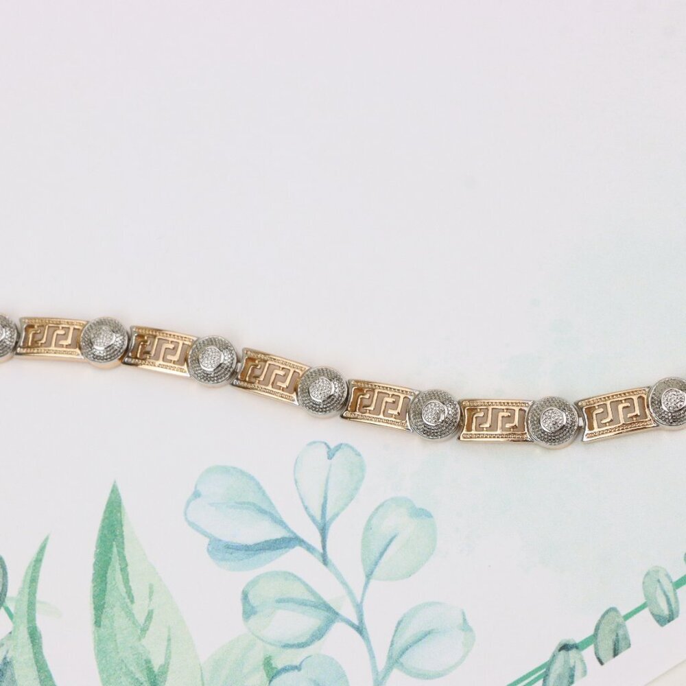 "Greek Key Rose Gold Bracelet with Silver Disc Accents, XPBL0792 - Picture 3 of 12
